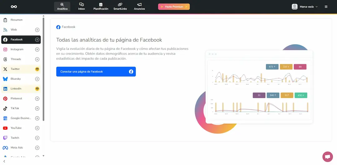 Dashboard de Metricool mostrando métricas de redes sociales